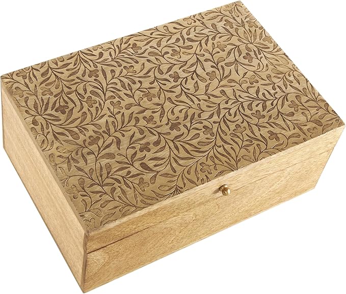 Deco 79 Mango Wood Scroll Handmade Decorative Box Storage Decorative Keepsake Box with Vine Carvings and Gold Accents, Set of 3 Storage Box 11", 9", 7"W, Brown