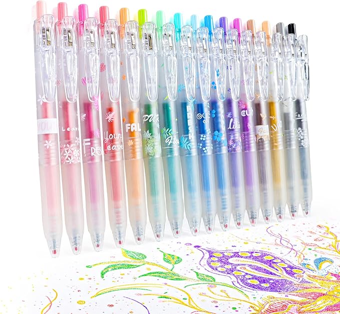 Glitter Gel Pens, 16 Colors Metallic Glitter Pens for Adult Coloring Books, Drawing, DIY Crafts - Retractable Sparkle Gel Ink Markers, Journaling & Scrapbooking Supplies