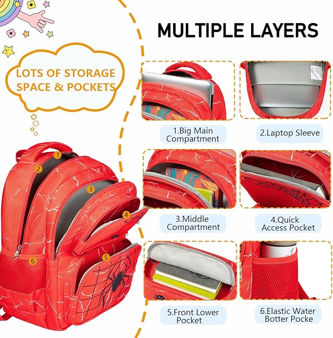 Boys Backpack with Lunch Box Glow in Dark Bookbag Kids Ages 4-12 Kindergarten Elementary School Spider Backpack, Luminous Spider Red