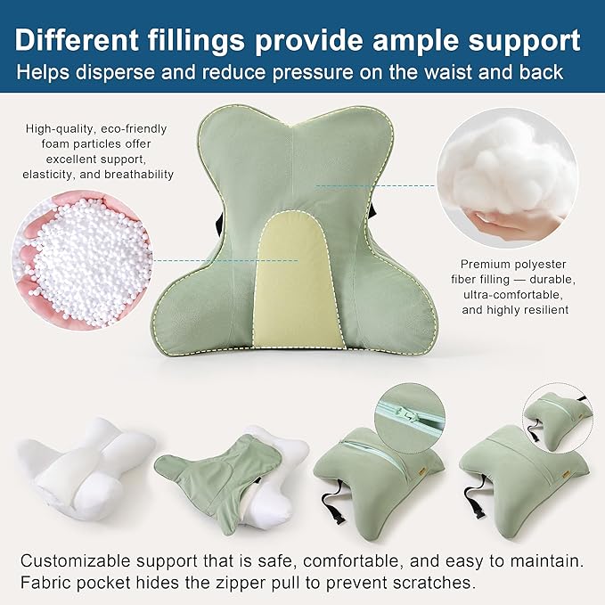 Ergonomic Lumbar Support Pillow(Pat. Pend) – Multi-Functional Back Cushion with Firm Support for Reading, Working & Driving,Celadon Green