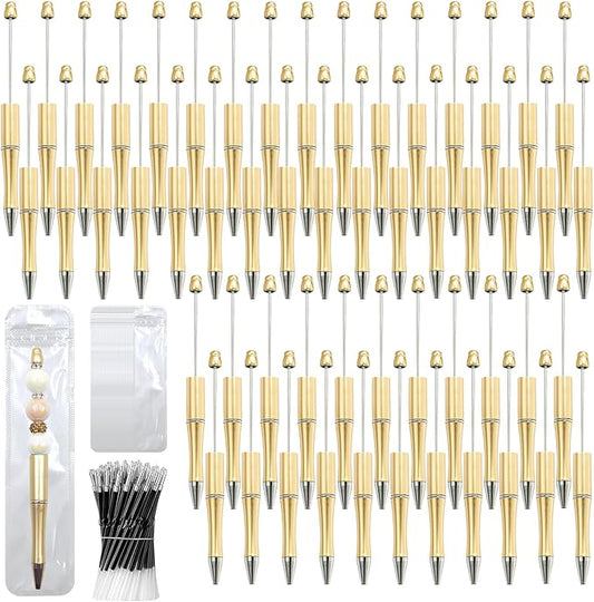 300 Pieces DIY Beadable Pen Kit – 100 Plastic Ballpoint Pens with Refills & Bags – School Supplies, Office Accessories & Decorative Items for Students & Teachers (Gold)
