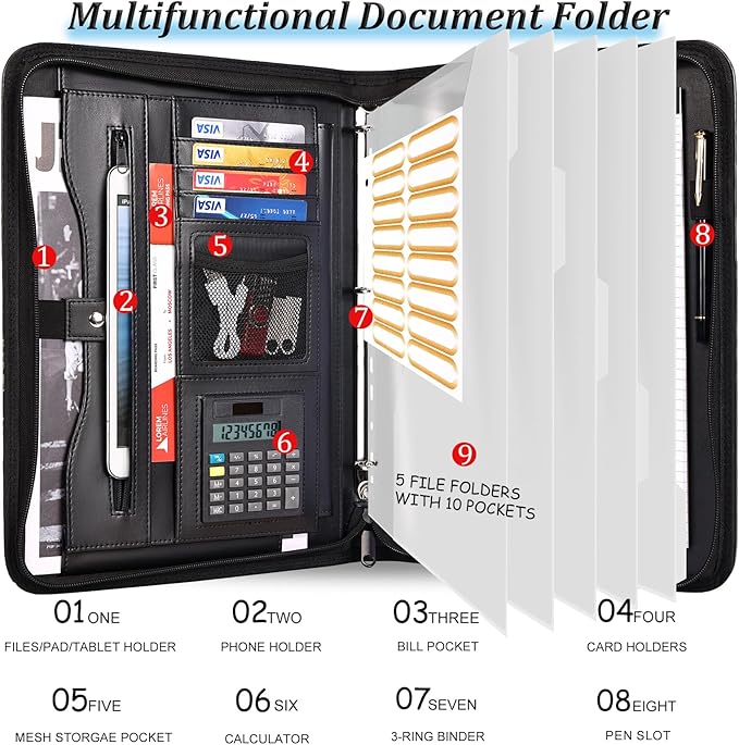 Eshow Portfolio Organizer - 3 Ring Binder with Zipper, Vegan Leather Business Padfolio Folder with Notepad Includes 5 Clear Sheet Protectors for Documents Files for Men Women