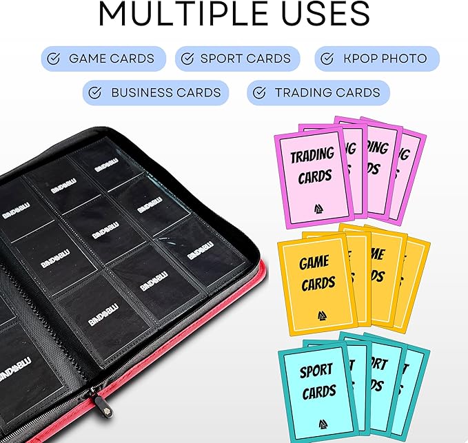 9 Pocket Trading Card Zip Binder - 360 Side Loading Pocket Binder for Colletible Games, Sport, TCG - Trading Card Binder - Gift Card holder for Boys and Girls - Red card binder