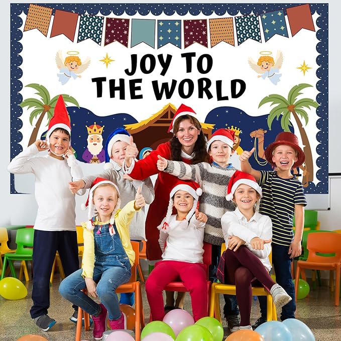 Christmas Nativity Scene Bulletin Board Set Christian Jesus Birth Classroom Decoration Joy to The World Bulletin Board Religious Paper Cutouts for Sunday School Classroom Church Chalkboard Wall Decor