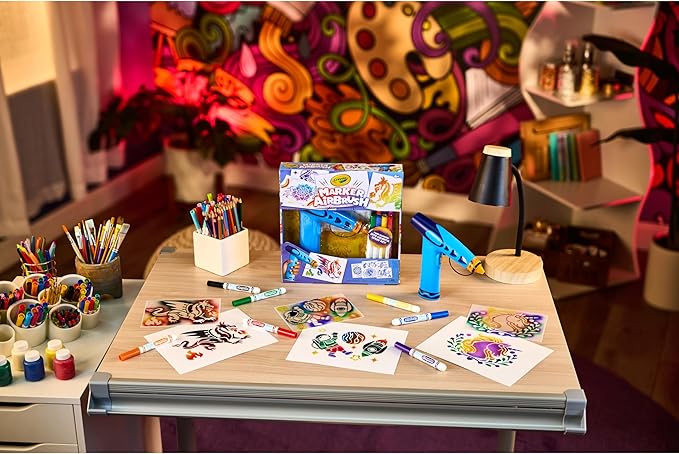 Crayola Marker Airbrush Spray Art Kit, Essential Easter Basket Stuffer for Kids, Battery-Powered Sprayer with 8 Washable Markers & 5 Stencils, DIY Craft Set, Ages 6+
