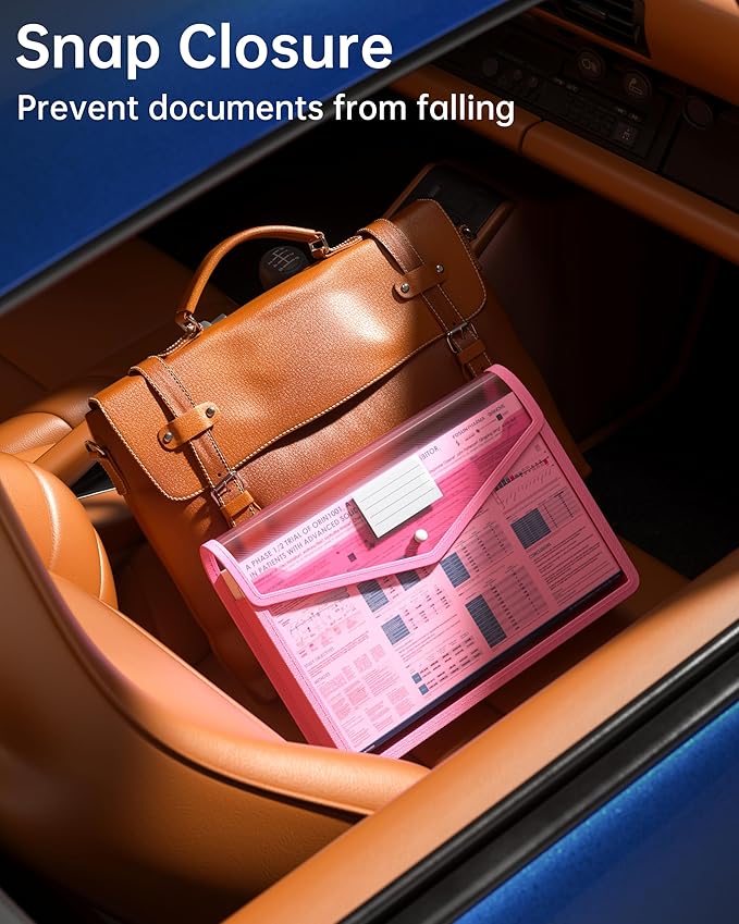 2 Pack Plastic Expanding File Folder, Transparent envelopes with Snap Closure, Fit Letter/A4 Size for School/Office/Home/Hospital, No Dividers, Large Capacity（Pink）