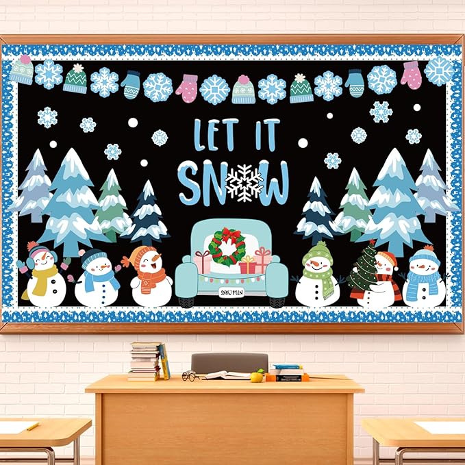 Winter Bulletin Board Decorations Set Christmas Tree Snowmen Cutouts with Bulletin Border Snowflake Winter Classroom Decorations Chalkboard Window Wall Door Decor for Home Office School 61PCS