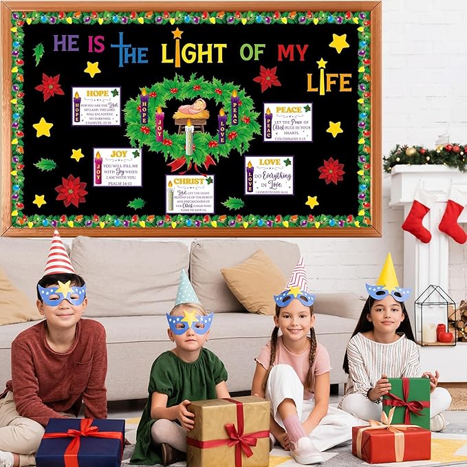 Christmas Advent Bulletin Board Set Advent Wreath Candle Classroom Decoration Love Hope Joy Peace Cutouts Xmas Nativity Bulletin Board for Winter Holiday Christian Religious Sunday School Wall Decor