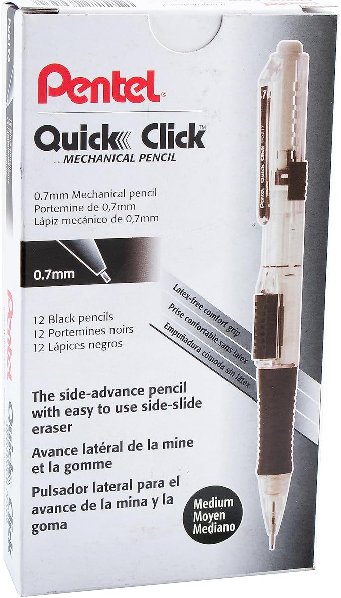 Pentel Quick Click Mechanical Pencil, (0.7mm), Medium, Black Barrel, Box of 12 Pencils (PD217A)