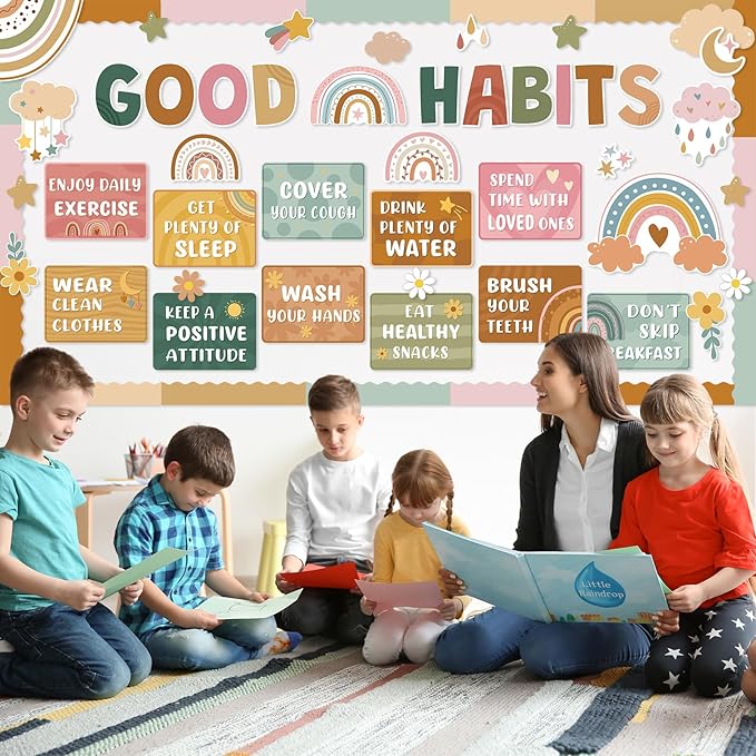 Ctosree 60 Pcs Boho Healthy Bulletin Board Decorations Set Healthy Habits Poster Rainbow Flower Good Habits Cutouts for Teacher Classroom School Office Chalkboard Wall Supply