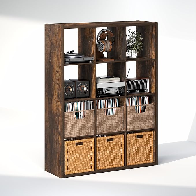 Furinno Cubicle Record Player Stand with Vinyl Storage, 12-Cube 1.2 Extra Thick Vinyl Record Storage, Open Back Media Shelf for CD DVD Blueray Game Disc, for Living Room, Home Office, Amber Pine