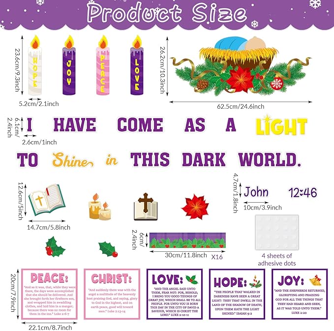 Christian Nativity Religious Christmas Bulletin Board Decorations Set Xmas Advent Wreath Candle Light of My Life Cutouts for Classroom School Home Chalkboard Wall Winter Holiday Party Decor Supplies