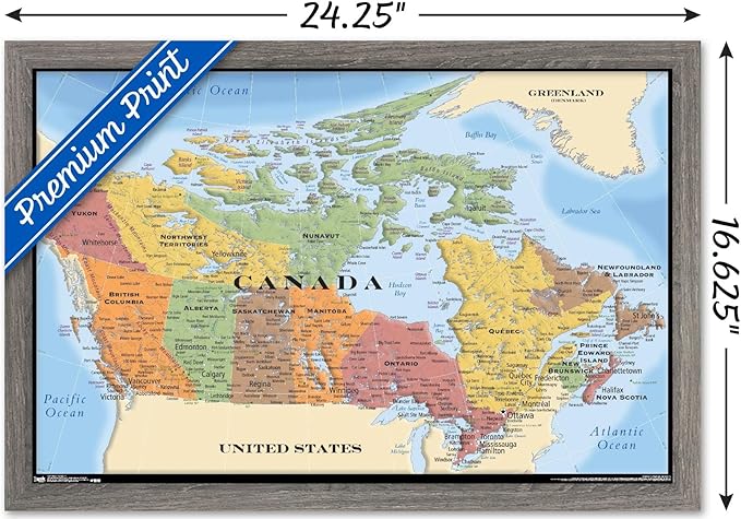 Map - Canada Wall Poster, 22.4L" x 14.7W", Barnwood Framed Version