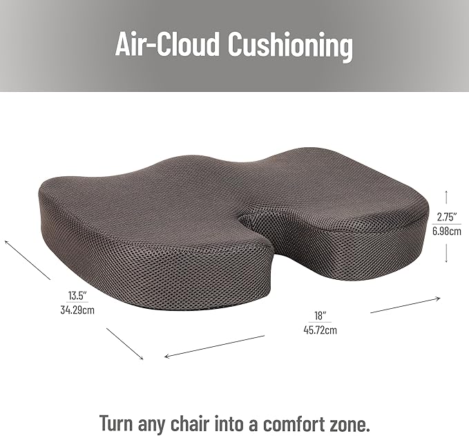 Mind Reader Memory Foam Seat Cushion with Air-Cloud Technology, Sciatica, Coccyx & Hip Pain Relief, Office, Memory Foam, Gray