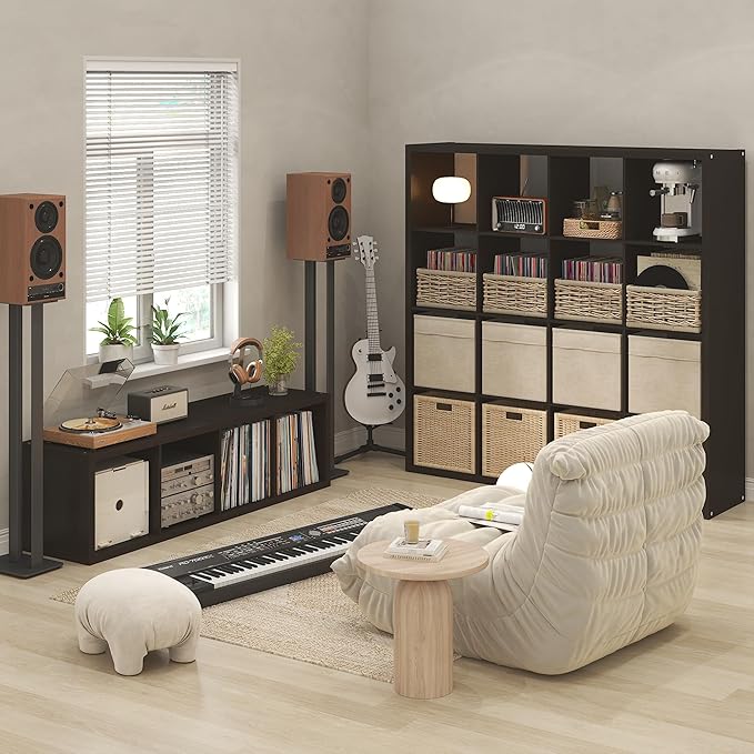 Furinno Cubicle Record Player Stand with Vinyl Storage, 16-Cube 1.2 Extra Thick Vinyl Record Storage, Open Back Media Shelf for CD DVD Blueray Game Disc, for Living Room, Home Office, Black Dark Oak