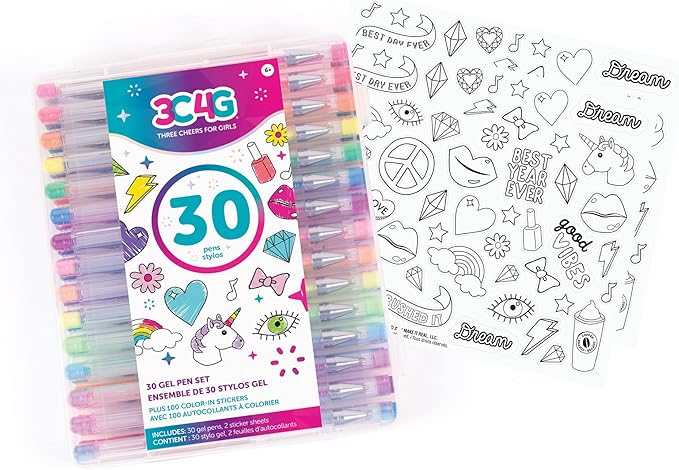 Three Cheers for Girls by Make It Real - 30 Piece Gel Pen Set - Colored Gel Pens with Metallic, Pastel, Neon, Rainbow & Glitter - Cute Pens for Drawing, Coloring or Journaling - Includes 100+ Stickers