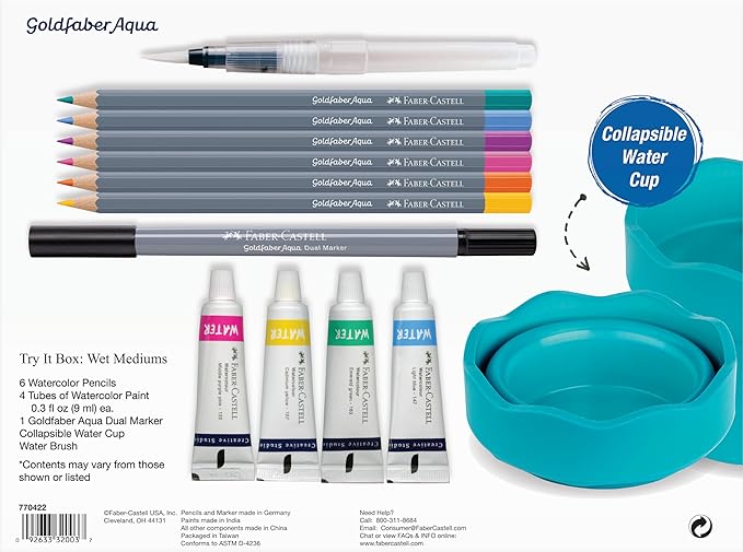 Faber-Castell Try It Box: Wet Mediums, 13 Piece Watercolor Art Set including Watercolor Pencils & Paint, Water Brush Pen and Paint Water Cup