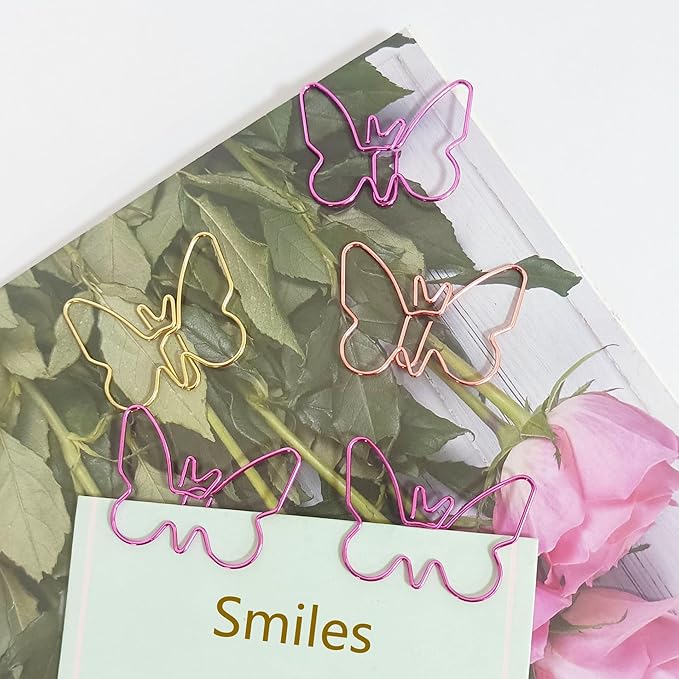 Cute Paper Clips, Butterfly Paperclips, Smooth Metal Paper Clips for File Organization or Decoration - Perfect for Home, Office, School.（80 Pcs/Box, Pink, Gold, Rose Gold