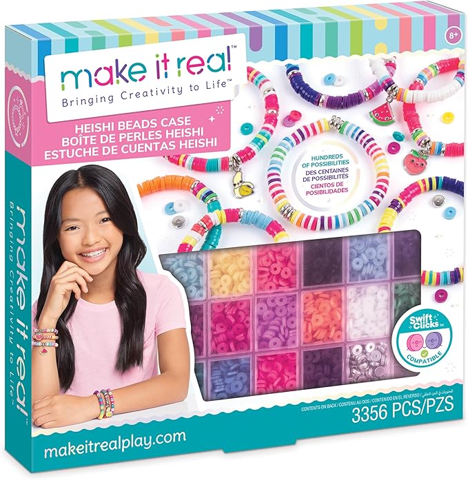 Make It Real Heishi Bead Kit - Vibrant Colors - Creative Beading Set for Kids Compatible with Bracelet Maker - Organize with Storage Case