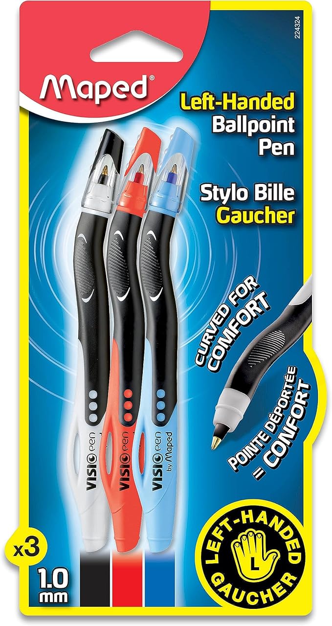 Maped - Visio Left-Handed Quick-Drying Ballpoint Pen - 3 Pack - Writing Notes - Left-Handed Design - Curved Barrel for Visibility - Quick-Drying Ink, Comfortable Grip, Versatile Colors