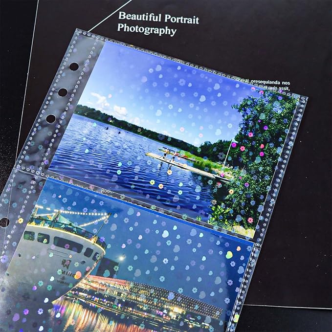 A5 Photocard Sleeves 20pcs Sheet Protectors 5.2'' x 3.7'' 2 Pocket Picture Card Insets Flower Flashing Clear PP Photo Album Refill Pages for 6 Ring Binder (Flower Flashing, A5-2Pocket)