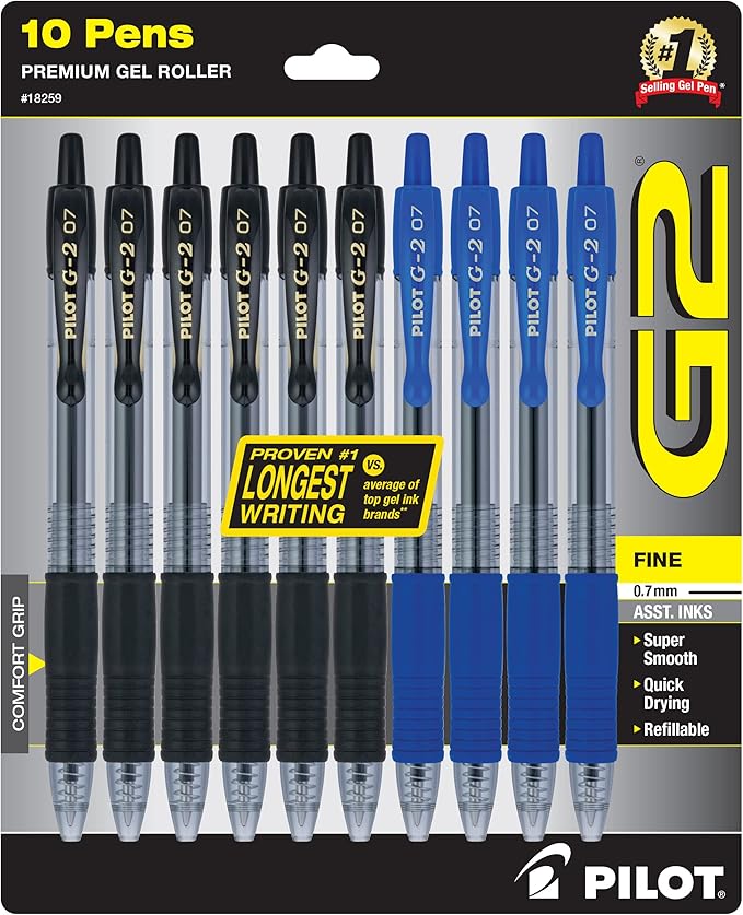 PILOT G2 Premium Refillable & Retractable Rolling Ball Gel Pens, 0.7mm Fine Point, 6 Black and 4 Blue Pens (Pack of 1, 10 Count Total)