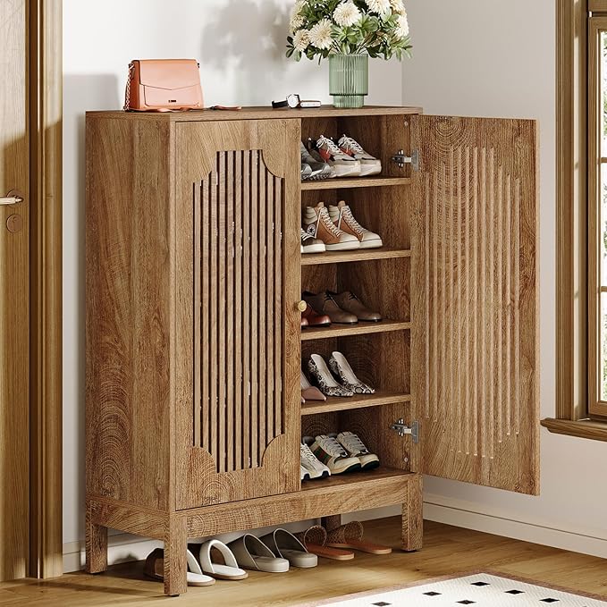 Tribesigns Shoe Cabinet with Doors, 5-Tier Shoe Storage Cabinet with Adjustable Shelves, 20 Pairs Wooden Shoe Rack Organizer, Tall Narrow Shoe Cabinet for Entryway, Hallway, Living Room, Rustic Brown