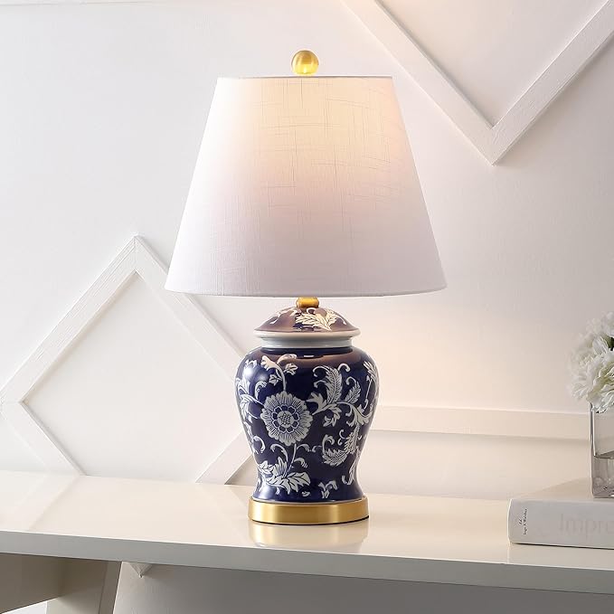 JONATHAN Y 22" Navy/White Ceramic Table Lamp, French Country Chinoiserie Ginger Jar LED Bedside Lamp for Living Room Bedroom, White Linen Shade (JYL3005D)