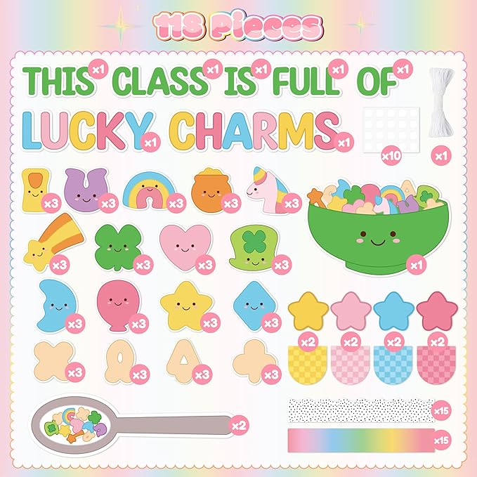 St. Patrick's Day Bulletin Board - 118pcs Lucky Charms Cutout with Banner Decor Set, Shamrock Rainbow Clover Chalkboard Classroom Wall School Accents Ideas Kits for Irish Day Party Supplies