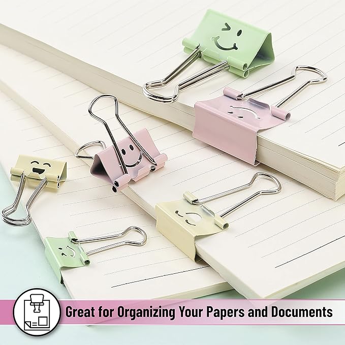 Mr. Pen- Cute Binder Clips, 80 pcs, Assorted Sizes, Smiley Binder Paper Clips, Bulk Paper Clamps for Office Supplies, Home, School, Business, Document Organizing