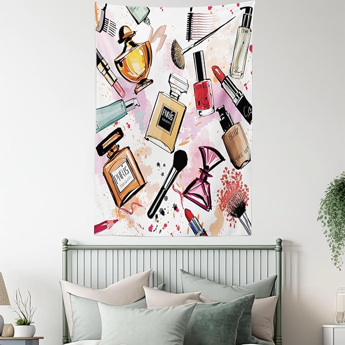 Ambesonne Fashion Tapestry, Cosmetic and Makeup Theme Pattern Perfume Lipstick Nail Polish Brush Modern, Wall Hanging for Bedroom Living Room Dorm Decor, 60" X 80", Coral White
