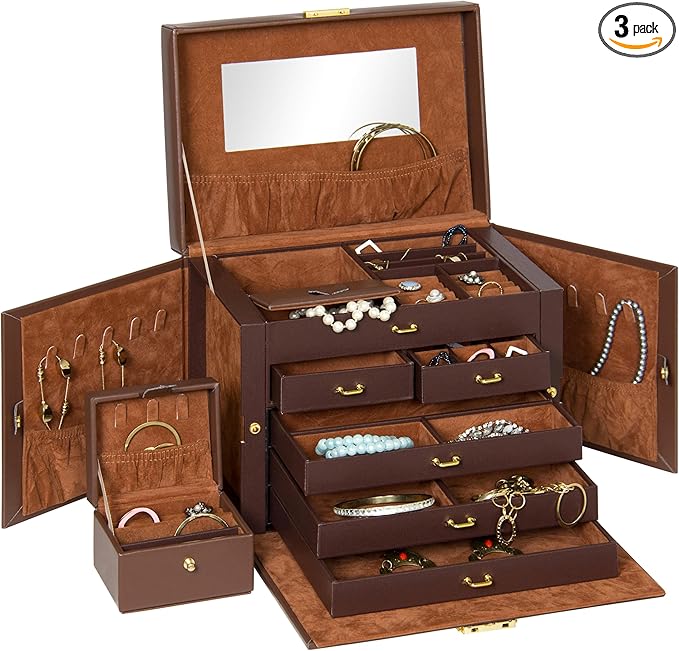 Best Choice Products Leather Collectors Organizer Storage Case for Jewelry Trinkets w/Mini Travel Case, Shelves, Hooks, Drawers, Pockets, Brown