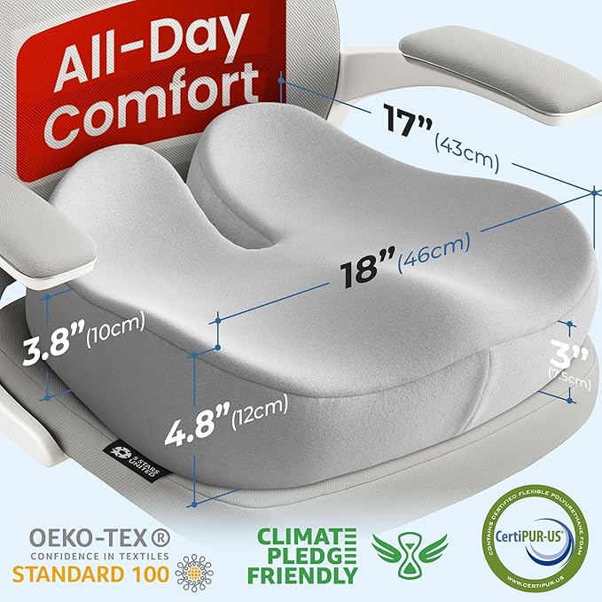 5 STARS UNITED Seat Cushion for Tailbone Pain Relief – Large Memory Foam Cushion for Coccyx, Hip, Sciatica & Post-Surgery Recovery – Wheelchair, Car, Desk, Gaming & Office Chairs, Light Gray, XX-Large