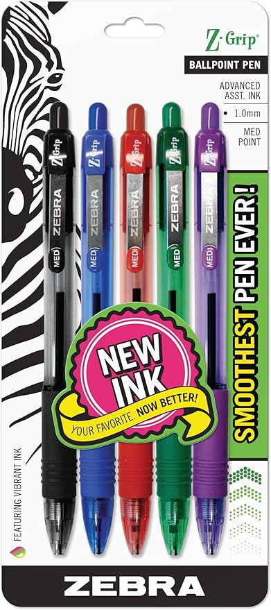 Zebra Pen Z-Grip Retractable Ballpoint Pen, Smooth-Flowing Assorted Ink, 1.0mm Medium Point, School & Office Supplies, Ideal for Note-Taking, Journal and Planner Use, 5-Pack (22205)