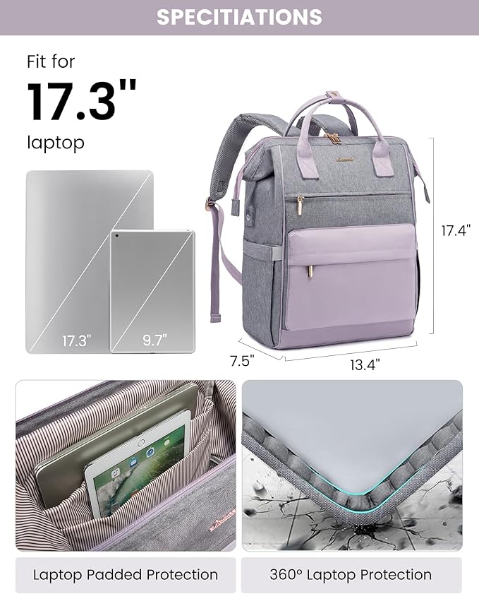 LOVEVOOK Laptop Backpack for Women, 17 Inch Work Teacher Nurse Bag, Large Capacity Business Computer Backpack Purse with USB Port, Stylish Casual Daypack for Travel,Grey&Light Purple