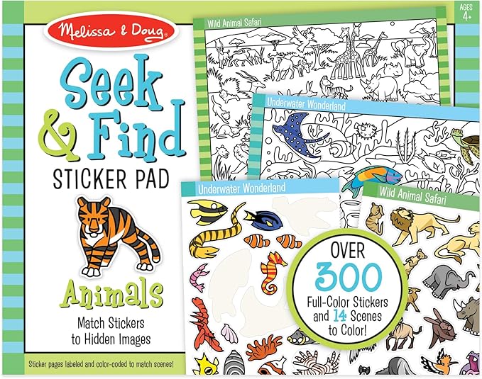 Melissa & Doug Seek and Find Sticker Pad, Animals (400+ Stickers, 14 Scenes to Color) Search and Find Sticker Pads, Arts and Crafts Activity for Kids Ages 4+ - FSC-Certified