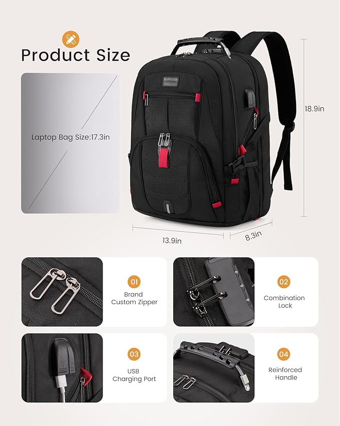 LOVEVOOK Travel Laptop Backpack Waterproof Anti Theft with Lock and USB Charging Port Large Computer Business Backpack for Men Women College (17 inch, Black)