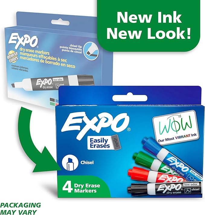 EXPO Low Odor Dry Erase Markers Chisel Tip Assorted Colors 4 Count