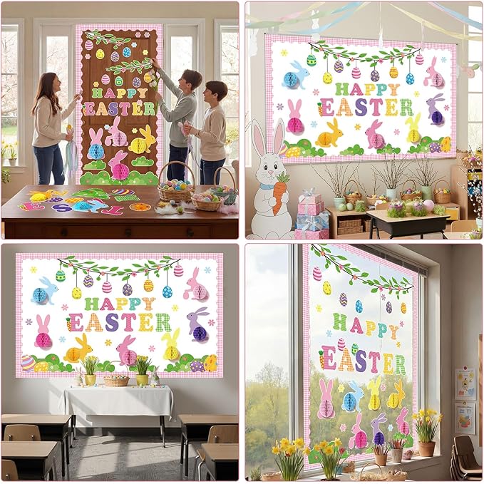 Pajean Happy Easter Bulletin Board Set 3D Honeycomb Classroom Decoration Easter Bunny Egg Cutouts Spring Bulletin Board Classroom DIY Craft Kit for Party School Chalkboard Home Door Wall Window