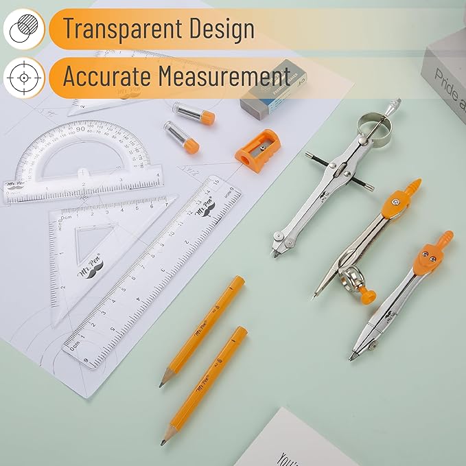 Mr. Pen- Geometry Set, 13 pcs, Compass for Geometry Compass, Geometry Kit Set with Shatterproof Storage Box, Math Compass, Geometry Set for School, Compass Math, Protractor and Compass Set, Orange