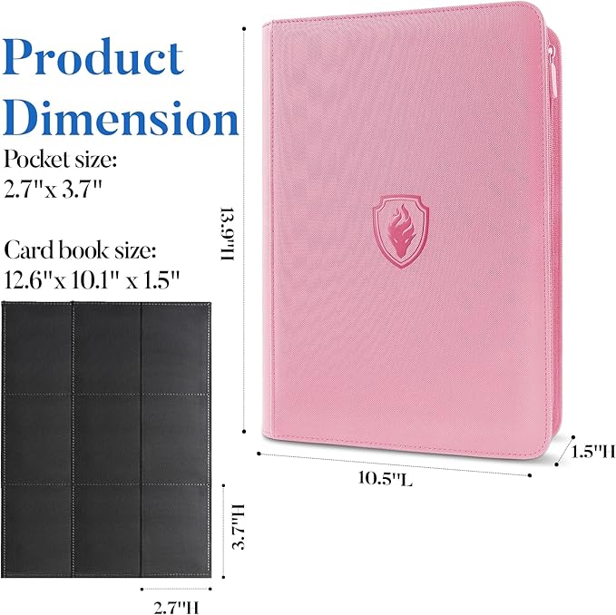 Premium Zip Card Binder, Fabmaker 9 Pocket Trading Card Binder, PU Cover Zipper Card Collection Album, Sturdy 360 Side-Loading Card Folder Holder for Game & Sports Cards, Pink