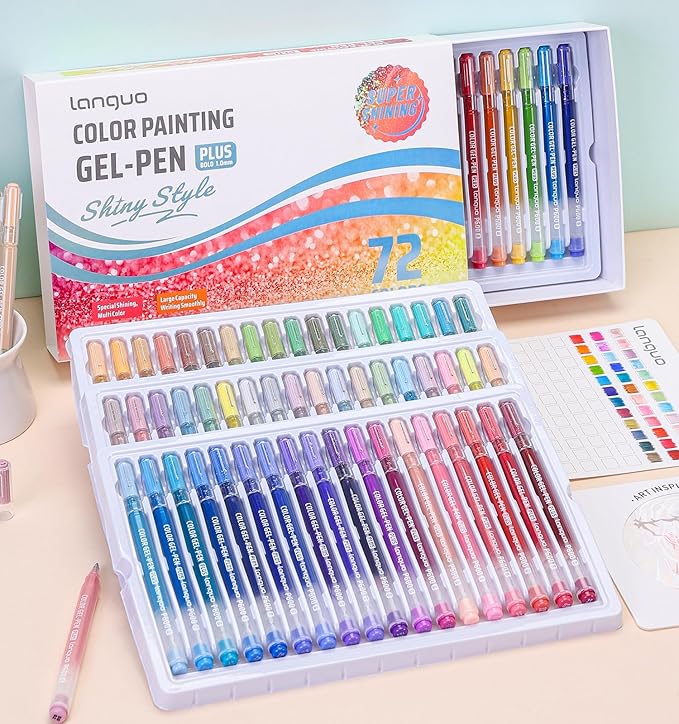 Glitter Gel Pens, 72 Pack Glitter Pens For Adults Coloring Books, 1.0mm Point Colored Pens, Large Capacity Ink Pens for Coloring, Writing, Drawing, Journaling, Note Taking, Office, Home