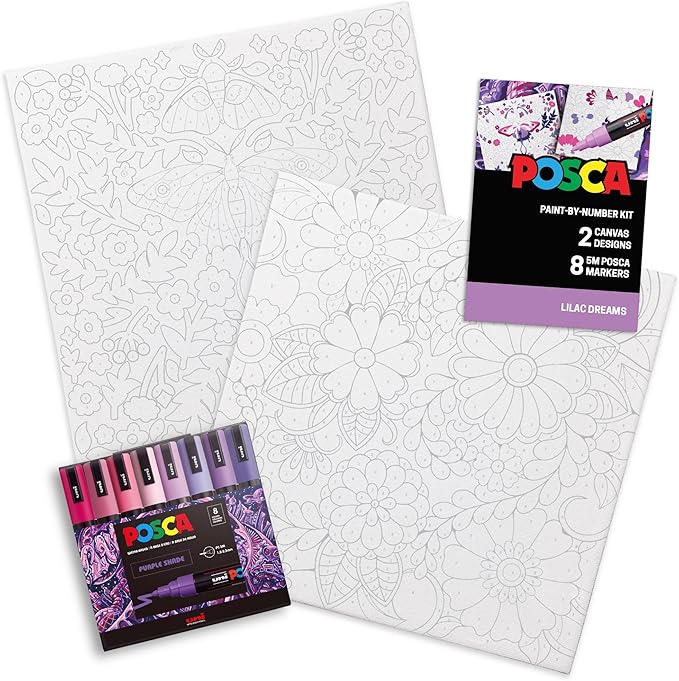 POSCA Canvas Paint by Number Kit, Lilac Dream - 8 Markers with 2 Pre-Drawn Canvases - For All Artists and Holiday Gifting