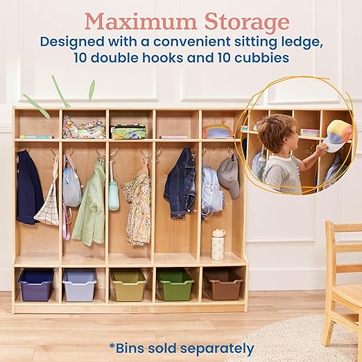 ECR4Kids 5-Section Coat Locker with Bench and Cubby Storage, Classroom Furniture, Natural