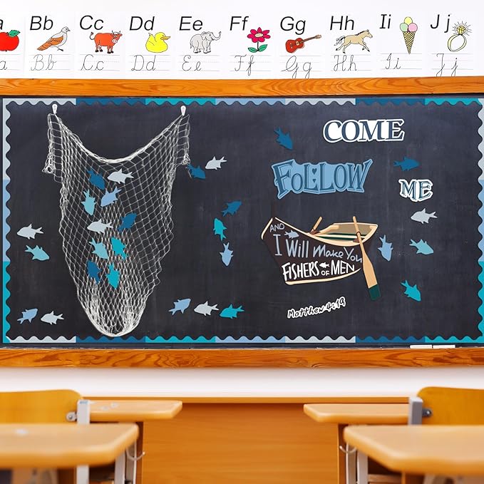 76 Pcs Fishers of Men Bulletin Board Decorations Set Religious Classroom Bulletin Board Fish Cutouts Christian Jesus Chalkboard Decorations for Sunday School Wall Decor Supplies