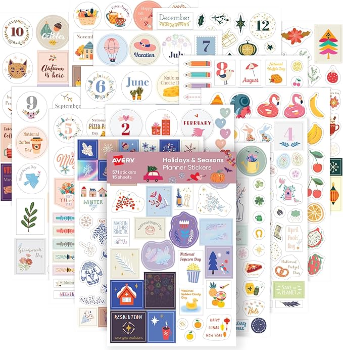 Avery Holidays and Seasons Planner Sticker Pack, Christmas, Thanksgiving, and Other Holidays, 15 Sheets, 571 Planner Stickers (6776)