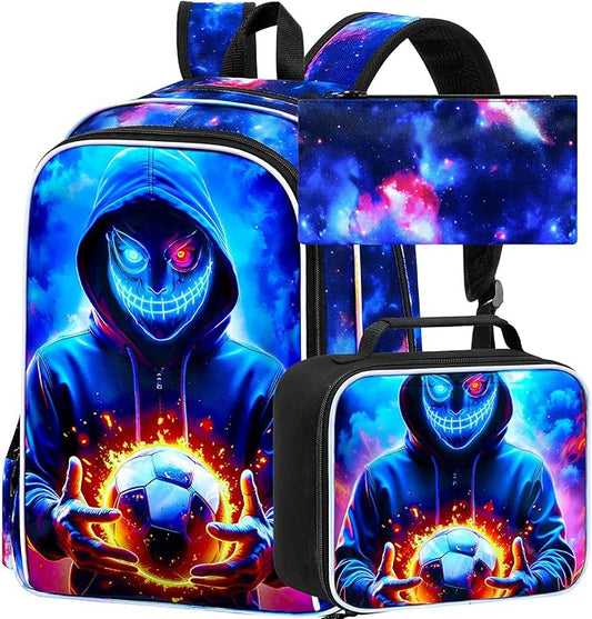 KLFVB 3PCS Boys Bookbag, 17" Kids Football Backpack and Lunch Box, Water Resistant School Backpack for Teenagers Middle Elementary - Demon Soccer