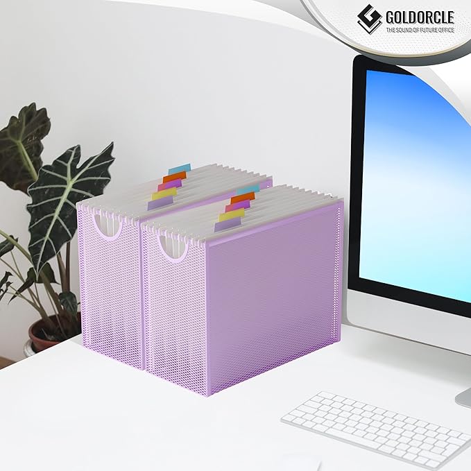 Hanging File Organizer, Letter-Size File Holder Filing Box with 5 Hanging Folders, Metal Mesh Desk File Folder Storage(No Assembly Required) (Purple, with 5 Grey Folders)