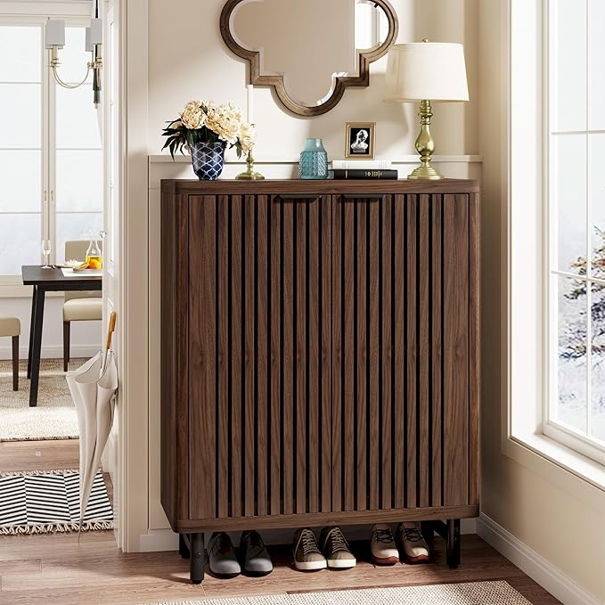 Tribesigns 6-Tier Shoe Cabinet with Shutter Doors, Large Wooden Shoe Organizer Rack with Adjustable Shelves, Modern Farmhouse Hidden Storage Furniture for Entryway, Hallway (Dark Walnut)