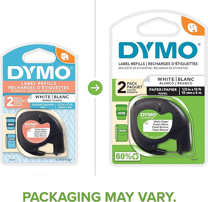 DYMO(R) LT 10697 Black-On-White Tape, 0.5in. x 13ft., 10697